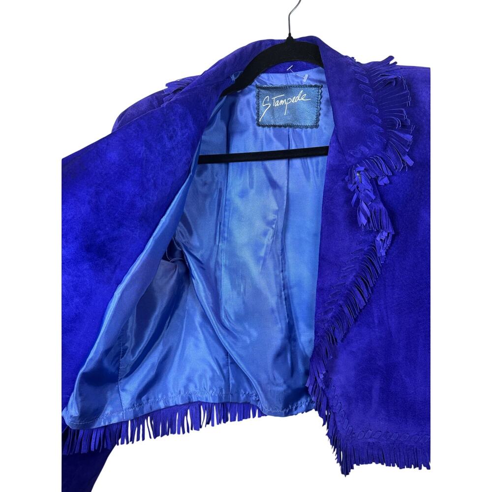 Rare Vintage Stampede Royal Blue Fringe Leather Jacket Women’s Small Western - Picture 5 of 8